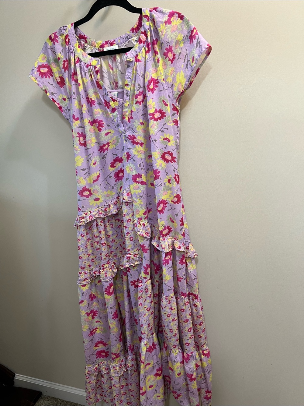 Sundance Lavender Petals ruffled floral Maxi Dress Pink & Yellow Blooms Size S